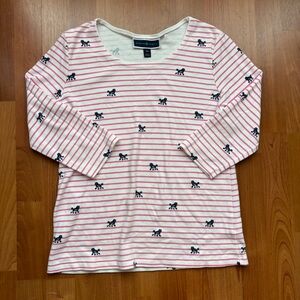 Women’s pink and white striped 3/4 sleeve Karen Scott top size PETITE MEDIUM